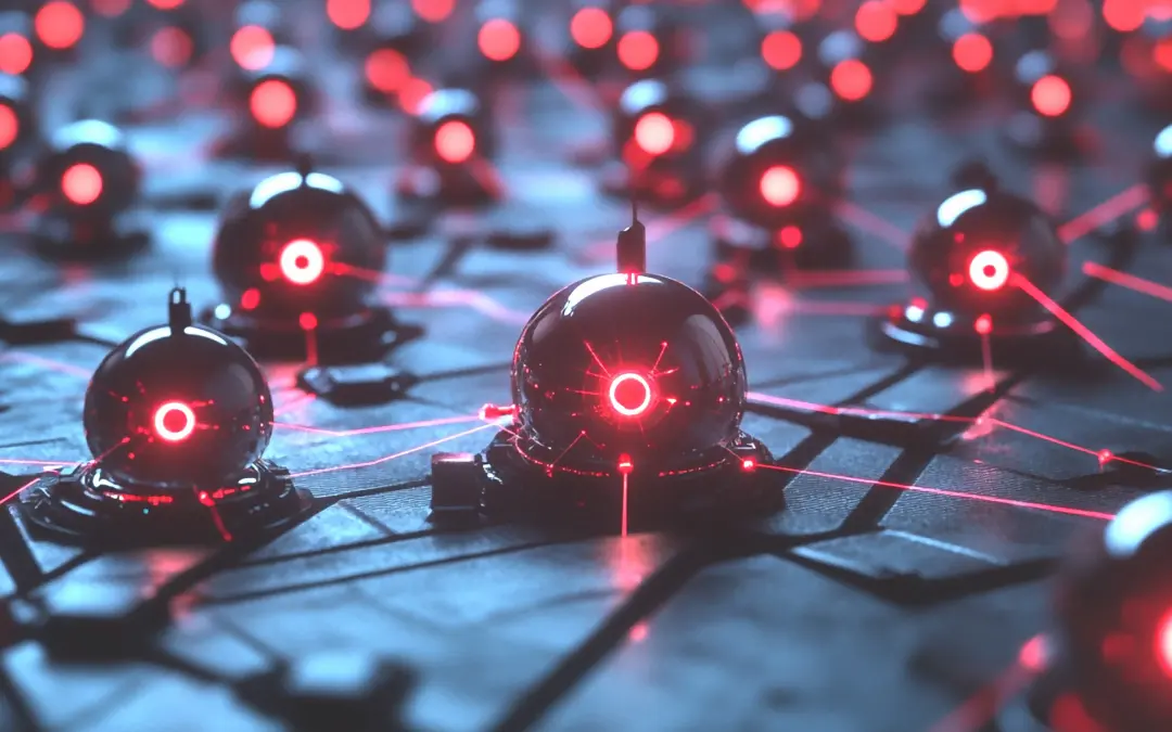Color photo illustration of a group of glowing glass spheres that are meant to represent botnets.